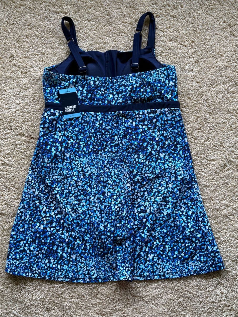 Lands’ End Swim Dress Large Blue Print Zip Front One Piece Swimsuit NWT - Picture 3 of 7